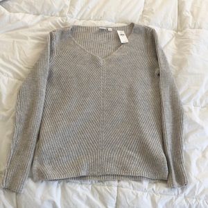 New v neck, cotton, ribbed grey sweater.